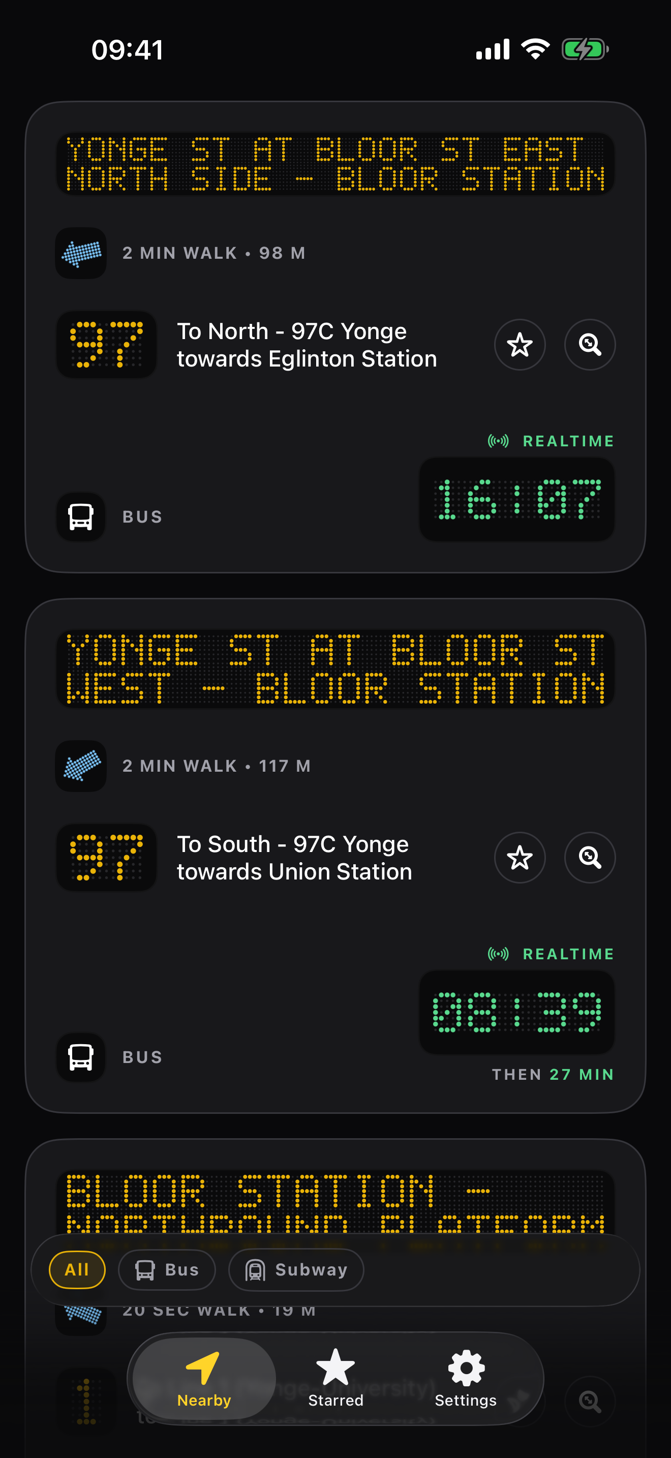 List of nearby transit stops with live arrival times