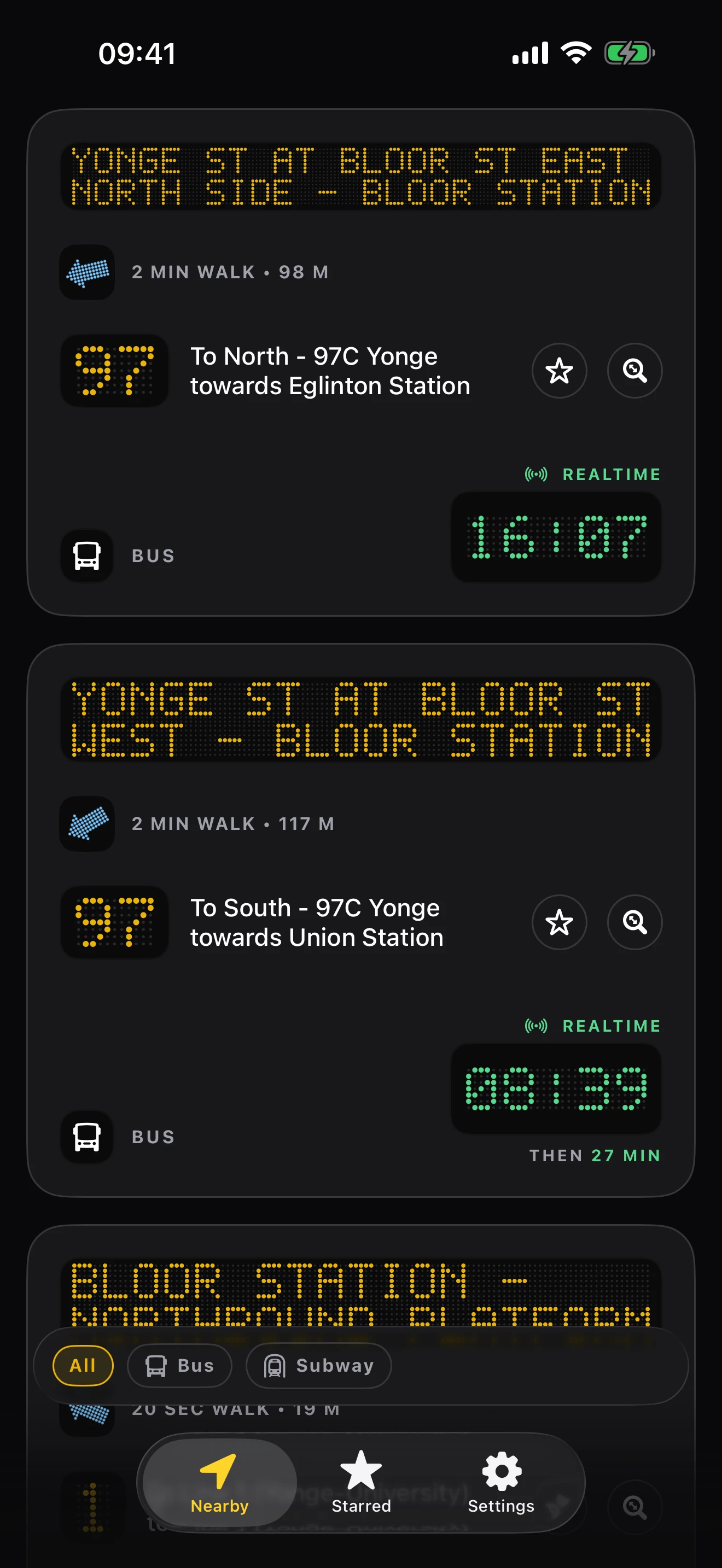 StopScout app showing live bus arrivals
