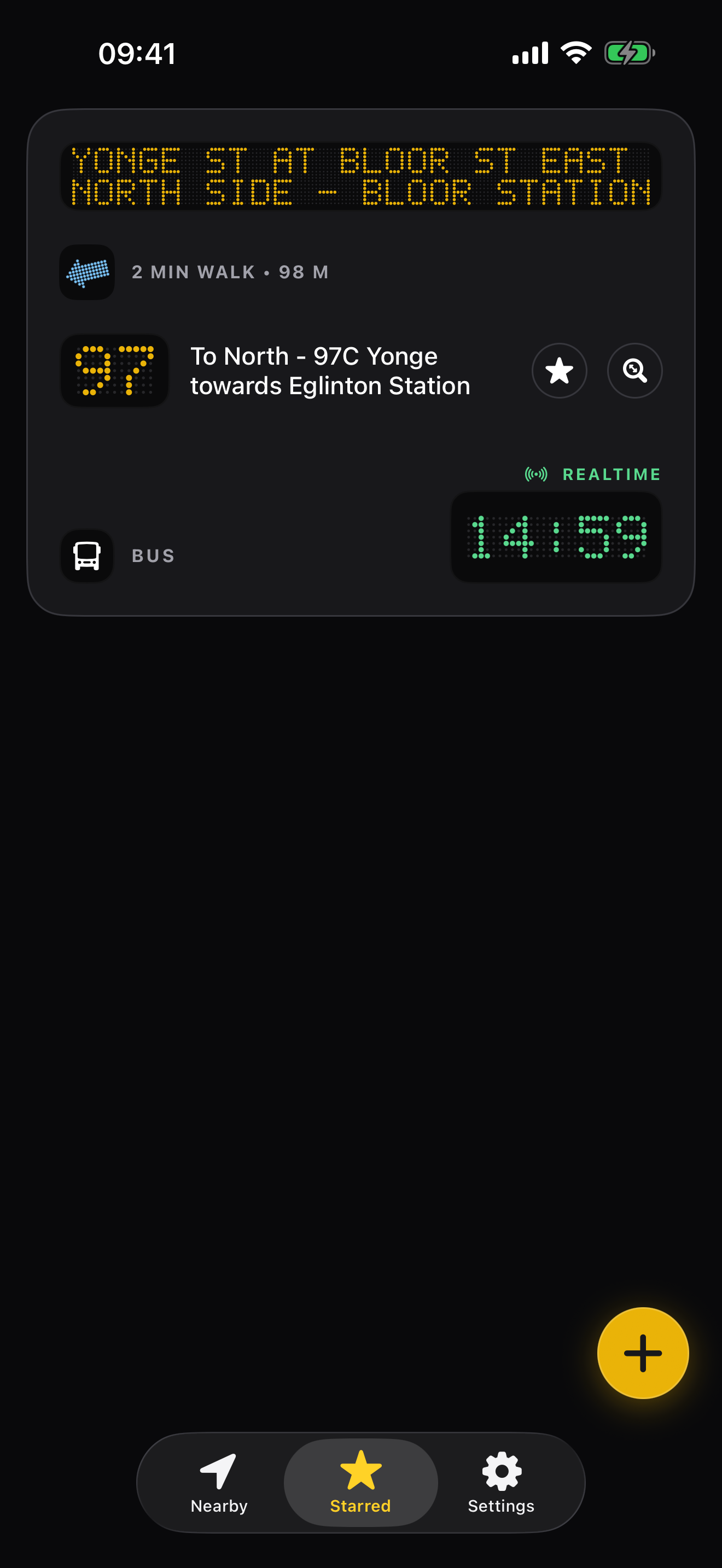 Starred stops list with live arrival times